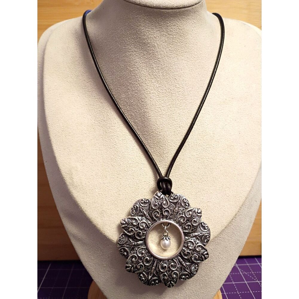Vintage Vantel Pearls Filigree Pendant Necklace with Pearl Charm on a Black Cord
